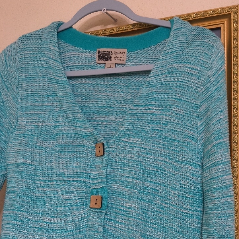Habitat Turquoise Cardigan with Wooden Buttons Natural Materials Cozy Boho - Picture 3 of 15